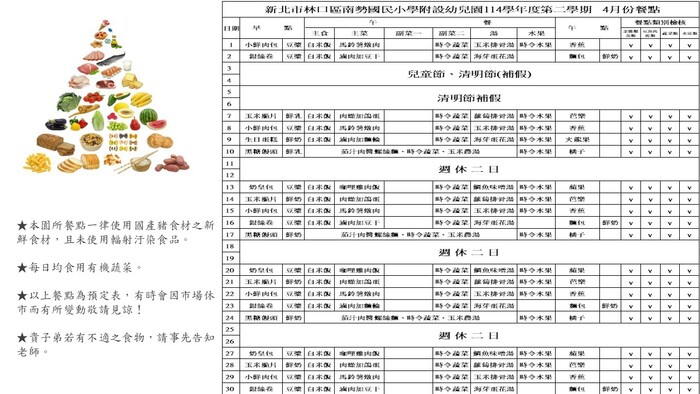 114學年度第二學期 4月份餐點表
