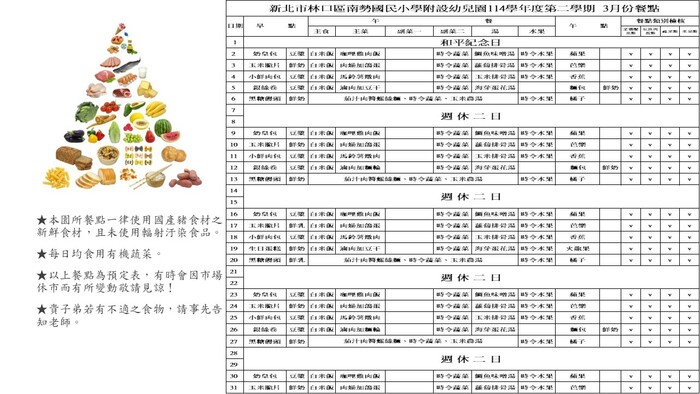 114學年度第二學期 3月份餐點表